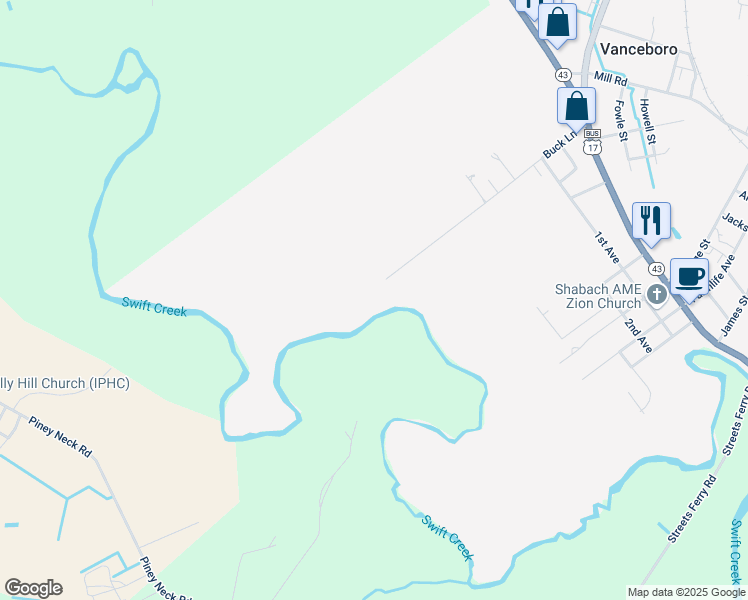 map of restaurants, bars, coffee shops, grocery stores, and more near 699 Buck Lane in Vanceboro