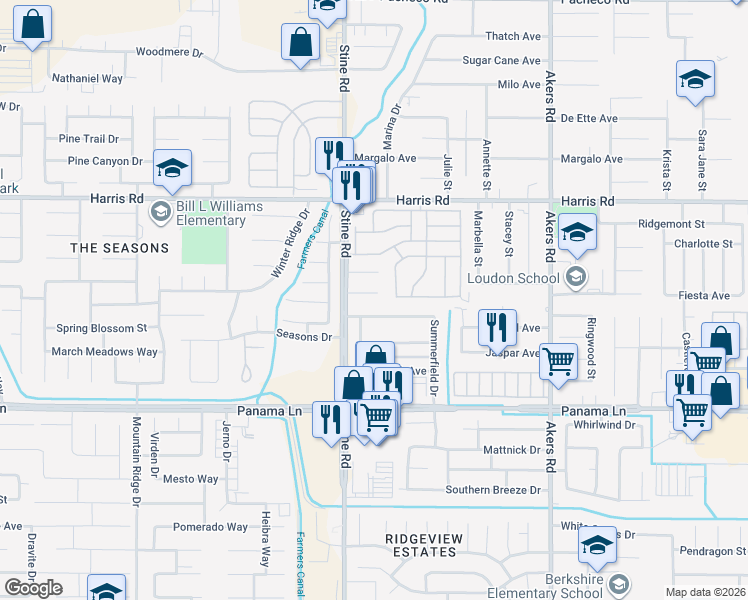 map of restaurants, bars, coffee shops, grocery stores, and more near 4715 Peacock Court in Bakersfield