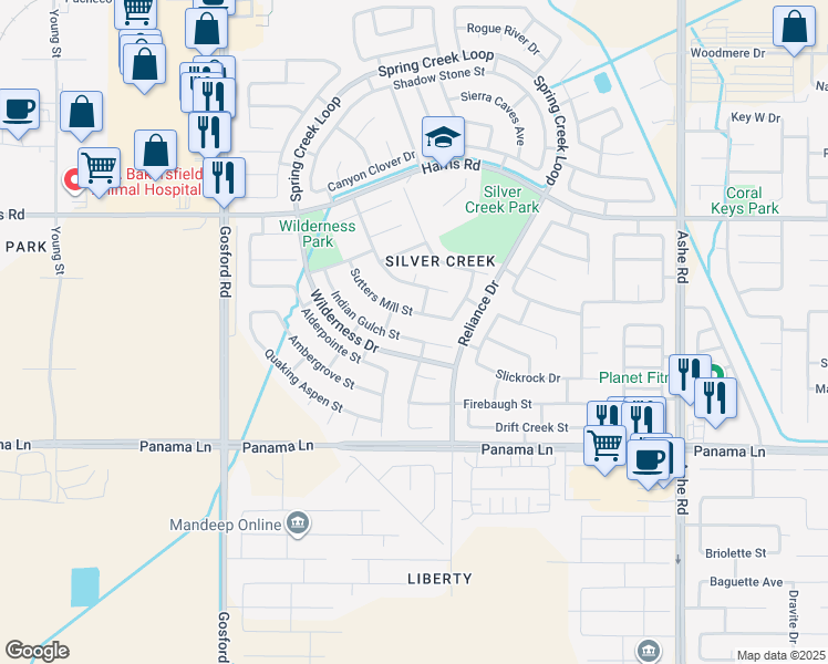 map of restaurants, bars, coffee shops, grocery stores, and more near 7412 Indian Gulch Street in Bakersfield