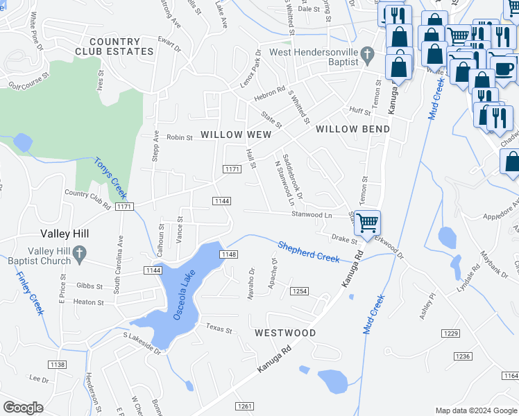 map of restaurants, bars, coffee shops, grocery stores, and more near 1407 Stanwood Lane in Hendersonville