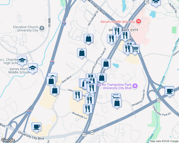 map of restaurants, bars, coffee shops, grocery stores, and more near 8210 University Executive Park Drive in Charlotte