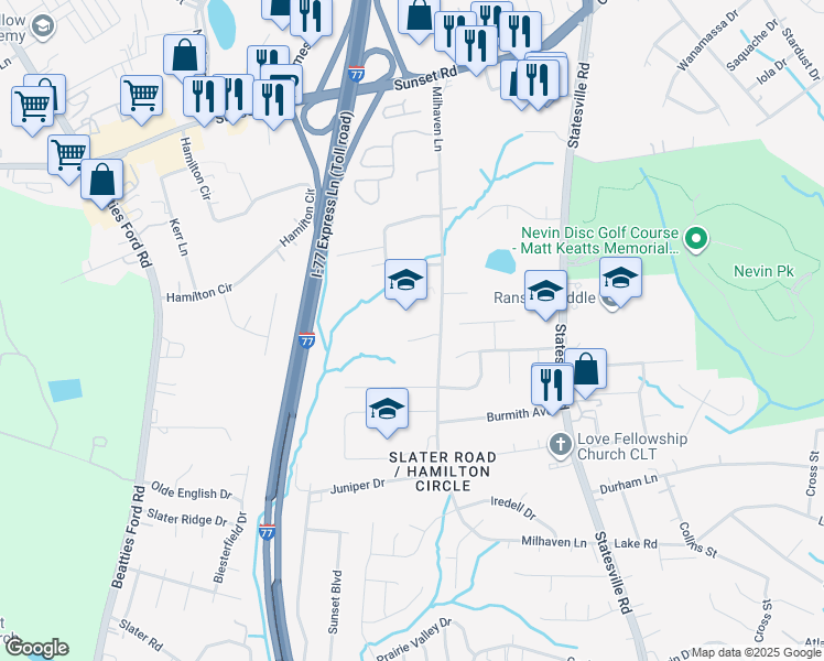map of restaurants, bars, coffee shops, grocery stores, and more near 5833 Milhaven Lane in Charlotte