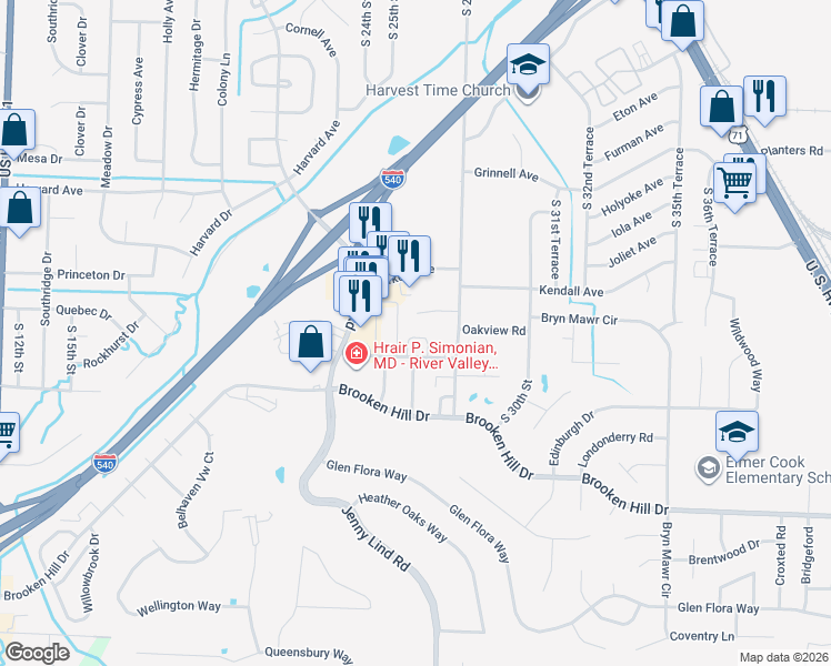map of restaurants, bars, coffee shops, grocery stores, and more near 2723 Oakview Road in Fort Smith