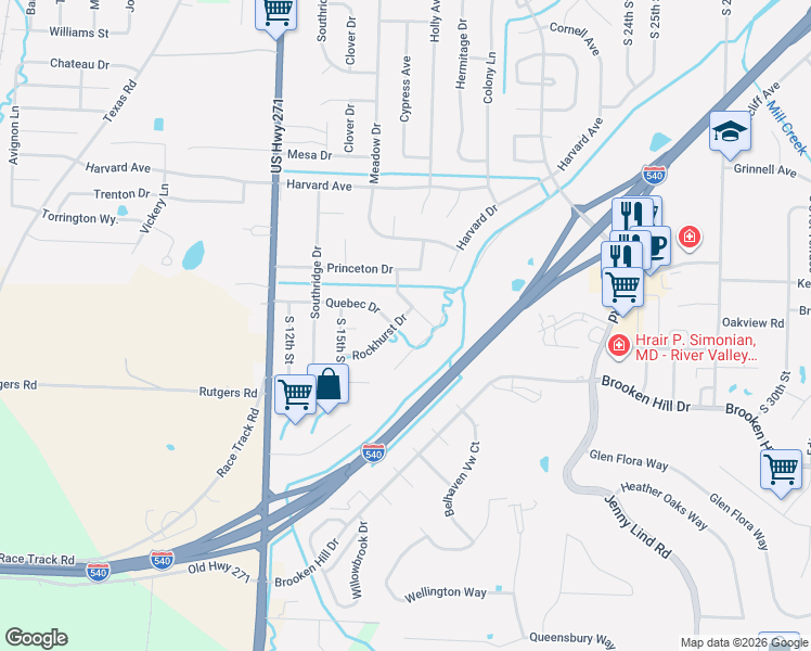 map of restaurants, bars, coffee shops, grocery stores, and more near 1559 Fianna Place Terrace in Fort Smith