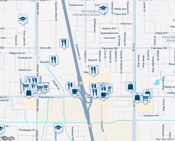 map of restaurants, bars, coffee shops, grocery stores, and more near 2416 Maurice Avenue in Bakersfield