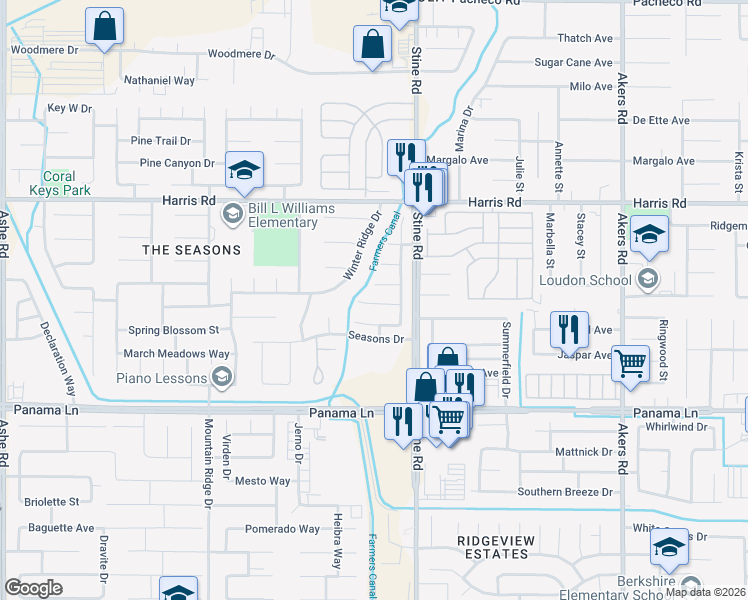 map of restaurants, bars, coffee shops, grocery stores, and more near 5001 Greenville Court in Bakersfield