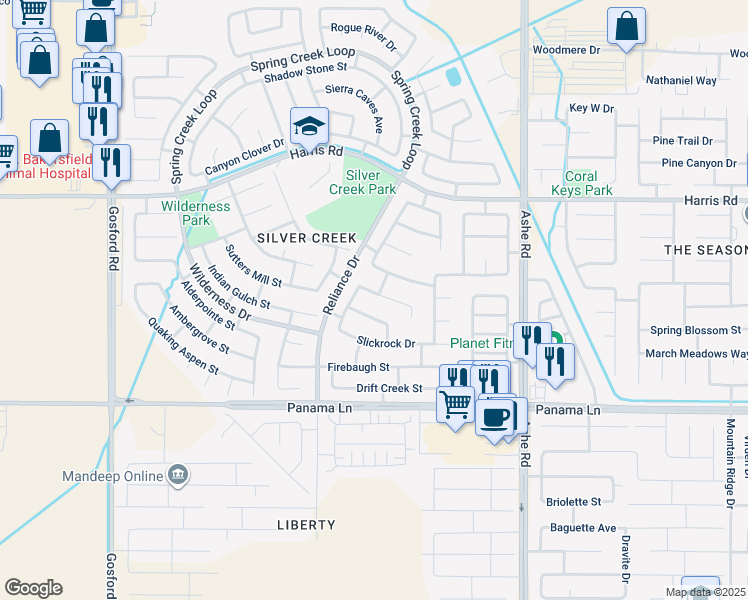 map of restaurants, bars, coffee shops, grocery stores, and more near 7011 Elkhorn Street in Bakersfield