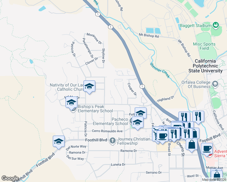 map of restaurants, bars, coffee shops, grocery stores, and more near 553 Princeton Place in San Luis Obispo