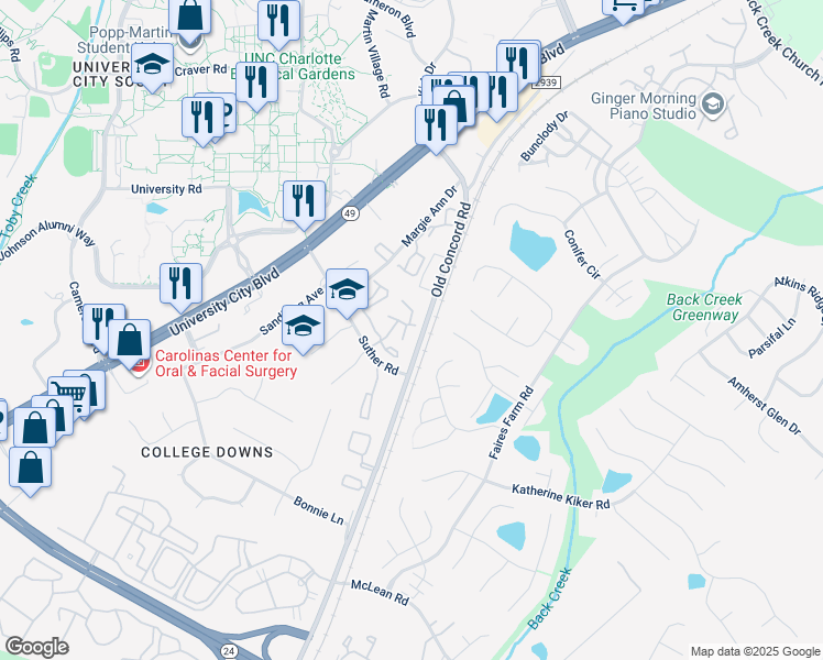 map of restaurants, bars, coffee shops, grocery stores, and more near 9616 Vinca Circle in Charlotte