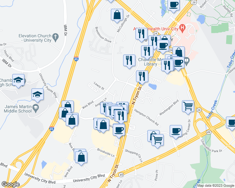map of restaurants, bars, coffee shops, grocery stores, and more near 8210 University Executive Park Drive in Charlotte