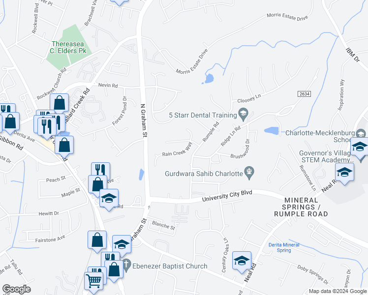 map of restaurants, bars, coffee shops, grocery stores, and more near 6710 Rain Creek Way in Charlotte
