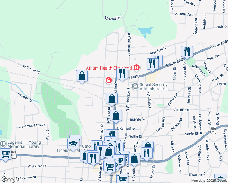 map of restaurants, bars, coffee shops, grocery stores, and more near 615 North Lafayette Street in Shelby