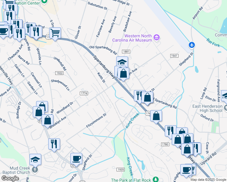 map of restaurants, bars, coffee shops, grocery stores, and more near 707 Brooklyn Avenue in Hendersonville