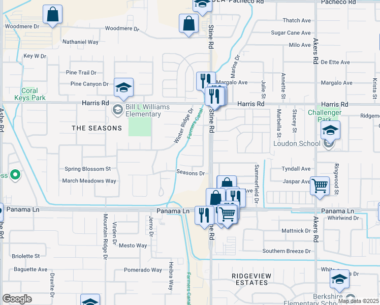 map of restaurants, bars, coffee shops, grocery stores, and more near 5001 Greenville Court in Bakersfield