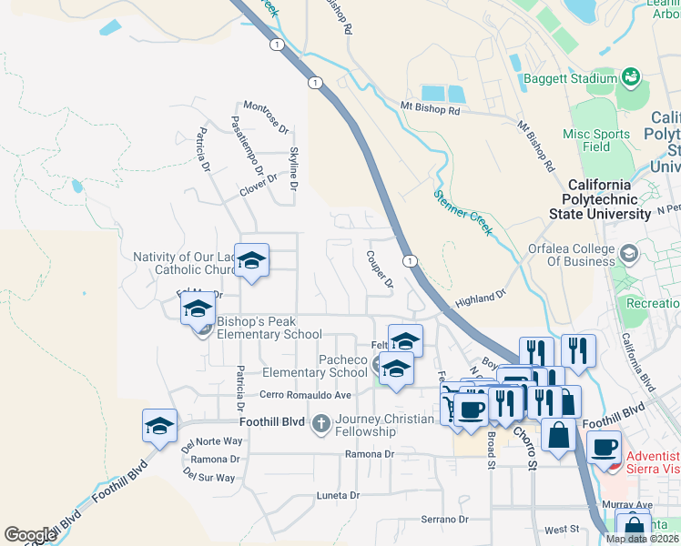 map of restaurants, bars, coffee shops, grocery stores, and more near 553 Princeton Place in San Luis Obispo