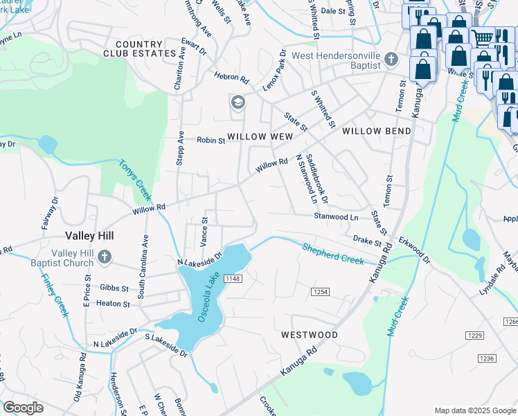 map of restaurants, bars, coffee shops, grocery stores, and more near 416 North Lakeside Drive in Hendersonville