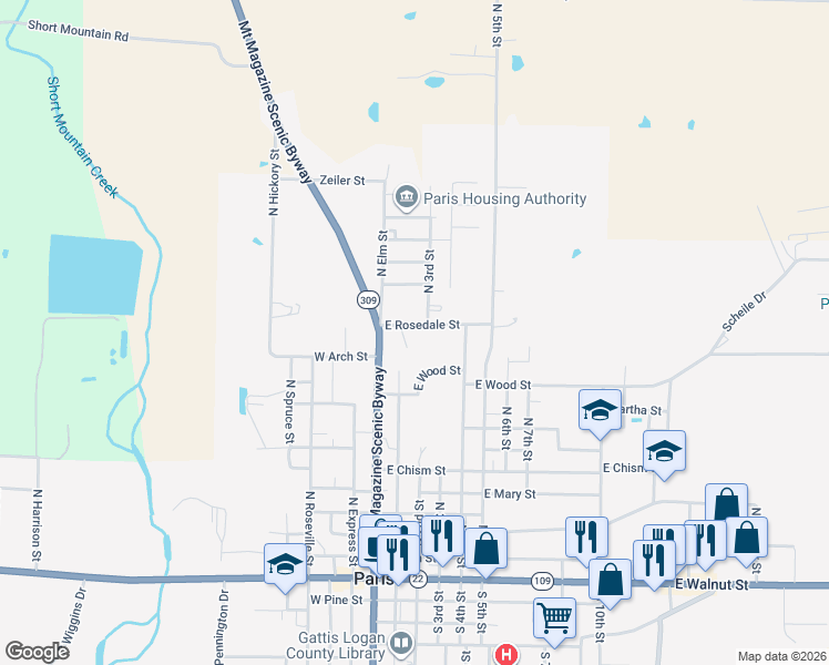 map of restaurants, bars, coffee shops, grocery stores, and more near 106 Henson Drive in Paris