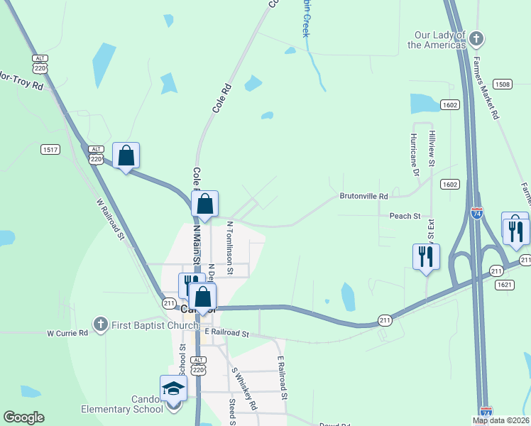map of restaurants, bars, coffee shops, grocery stores, and more near 100 North Poplar Street in Candor