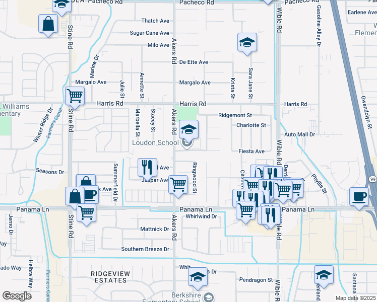 map of restaurants, bars, coffee shops, grocery stores, and more near 3900 Vance Avenue in Bakersfield