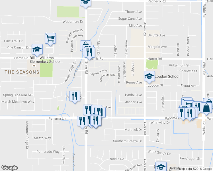 map of restaurants, bars, coffee shops, grocery stores, and more near 4600 Pinecastle Avenue in Bakersfield