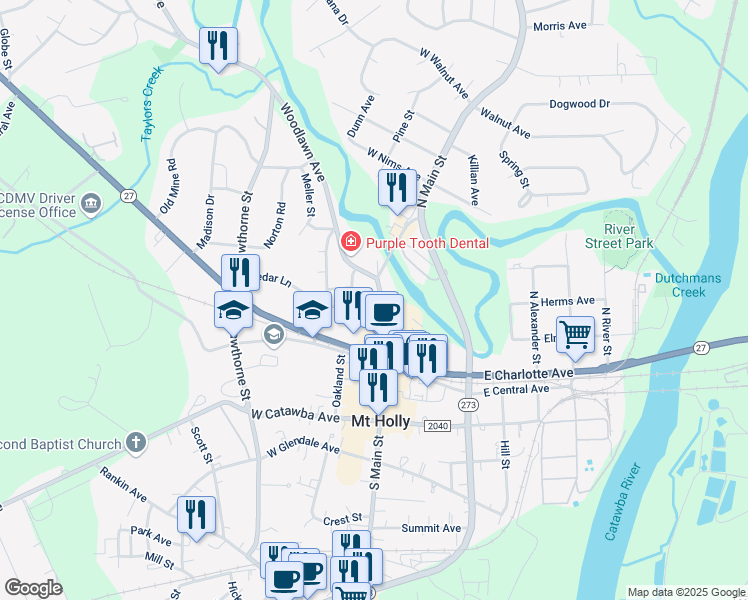 map of restaurants, bars, coffee shops, grocery stores, and more near 151 North Main Street in Mount Holly