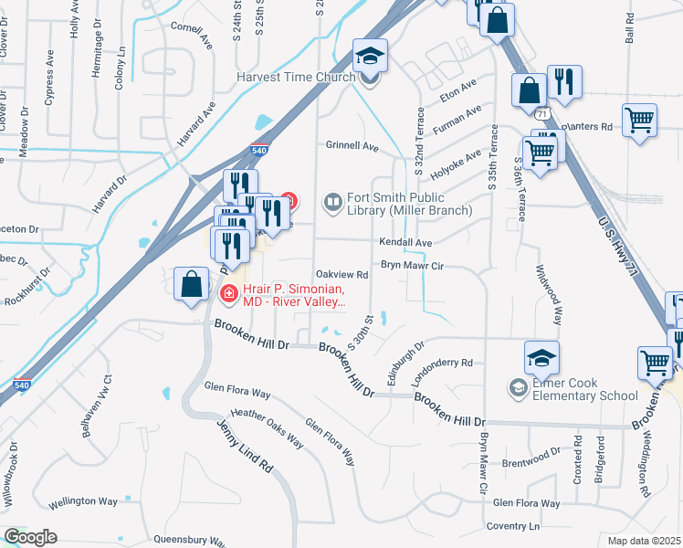 map of restaurants, bars, coffee shops, grocery stores, and more near 2900 Oakview Road in Fort Smith