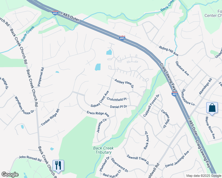 map of restaurants, bars, coffee shops, grocery stores, and more near 11403 Sidney Crest Avenue in Charlotte