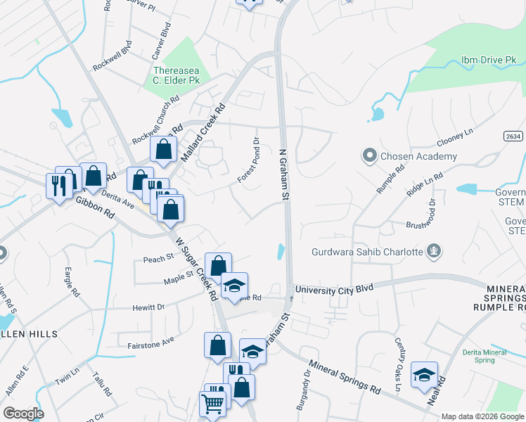 map of restaurants, bars, coffee shops, grocery stores, and more near Planters Wood Lane in Charlotte