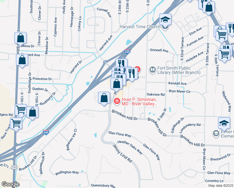 map of restaurants, bars, coffee shops, grocery stores, and more near 8901 Jenny Lind Road in Fort Smith
