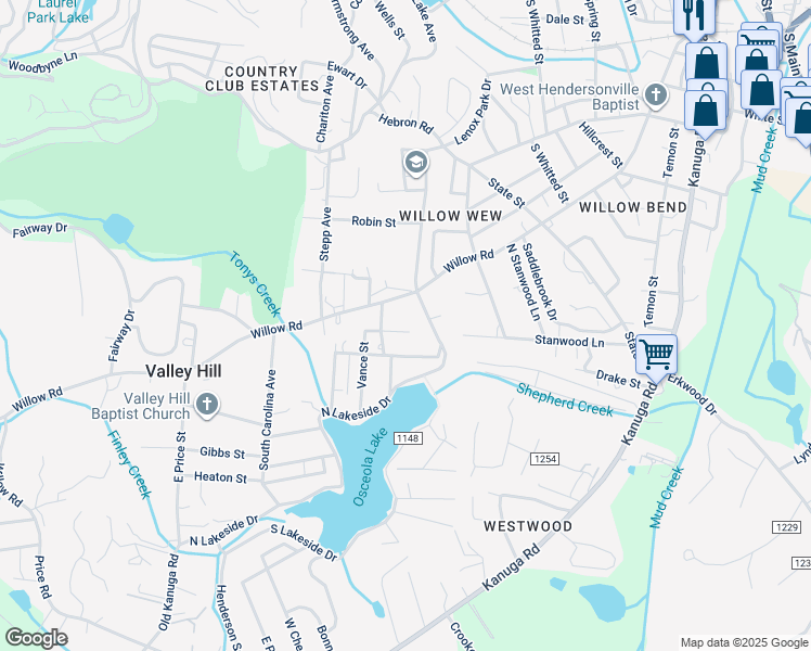 map of restaurants, bars, coffee shops, grocery stores, and more near 106 Vance Street in Hendersonville