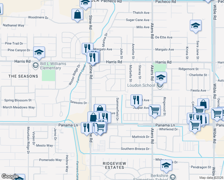 map of restaurants, bars, coffee shops, grocery stores, and more near 4600 Pinecastle Avenue in Bakersfield