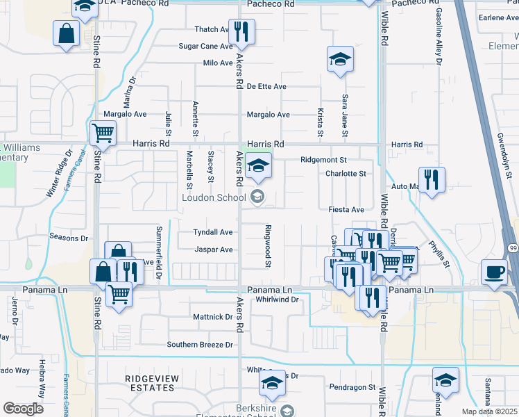map of restaurants, bars, coffee shops, grocery stores, and more near 4000 Loudon Street in Bakersfield