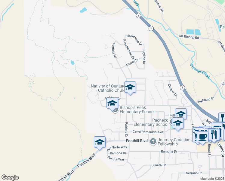map of restaurants, bars, coffee shops, grocery stores, and more near 150 Los Robles Court in San Luis Obispo