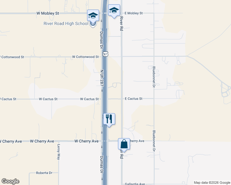 map of restaurants, bars, coffee shops, grocery stores, and more near 8605 River Road in Amarillo