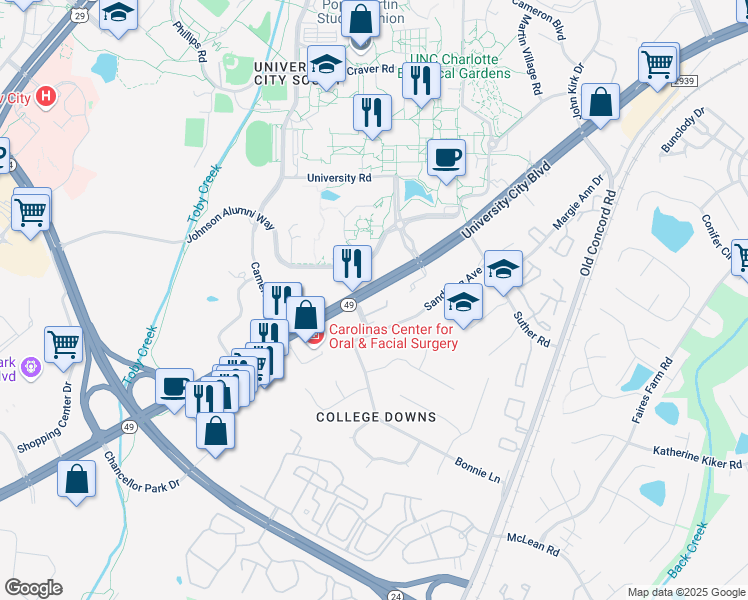 map of restaurants, bars, coffee shops, grocery stores, and more near 8908 University City Boulevard in Charlotte
