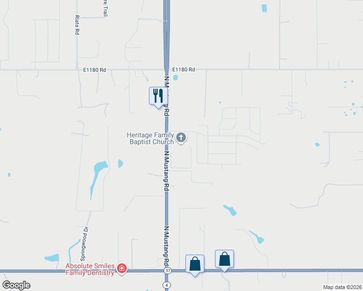map of restaurants, bars, coffee shops, grocery stores, and more near 600 North Mustang Road in Tuttle