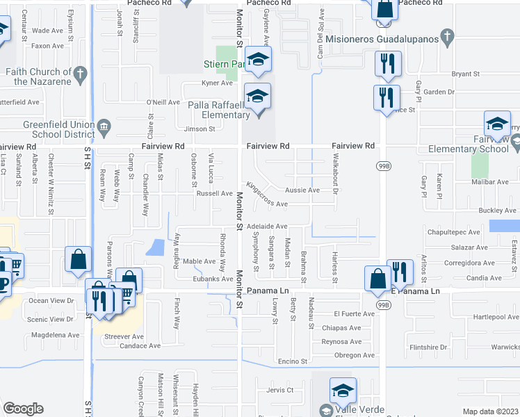 map of restaurants, bars, coffee shops, grocery stores, and more near 6020 Billabong Court in Bakersfield