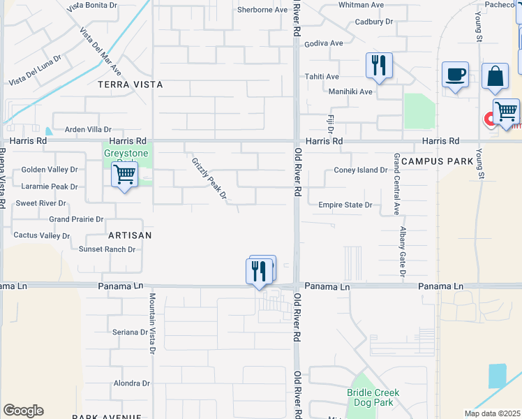 map of restaurants, bars, coffee shops, grocery stores, and more near 9823 Buckhorn Peak Drive in Bakersfield