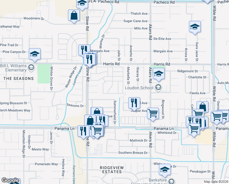 map of restaurants, bars, coffee shops, grocery stores, and more near 4600 Pinecastle Avenue in Bakersfield