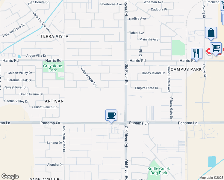 map of restaurants, bars, coffee shops, grocery stores, and more near 9823 Buckhorn Peak Drive in Bakersfield
