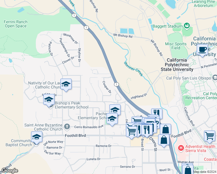 map of restaurants, bars, coffee shops, grocery stores, and more near 536 Couper Drive in San Luis Obispo