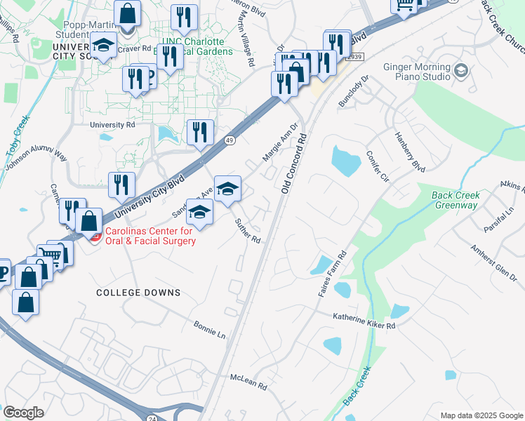 map of restaurants, bars, coffee shops, grocery stores, and more near 9616 Vinca Circle in Charlotte