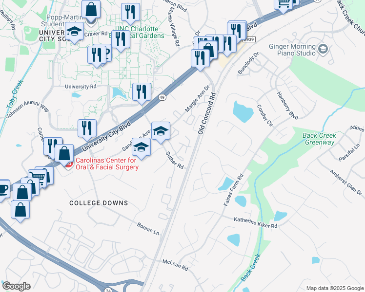 map of restaurants, bars, coffee shops, grocery stores, and more near 9616 Vinca Circle in Charlotte