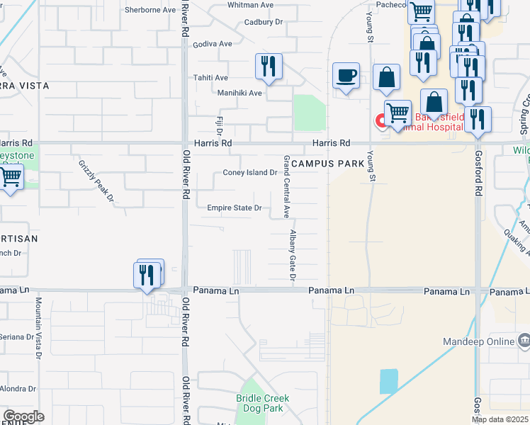 map of restaurants, bars, coffee shops, grocery stores, and more near 9201 Empire State Drive in Bakersfield
