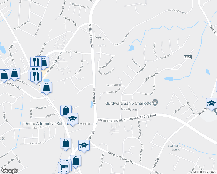 map of restaurants, bars, coffee shops, grocery stores, and more near 2517 Hemby Woods Drive in Charlotte