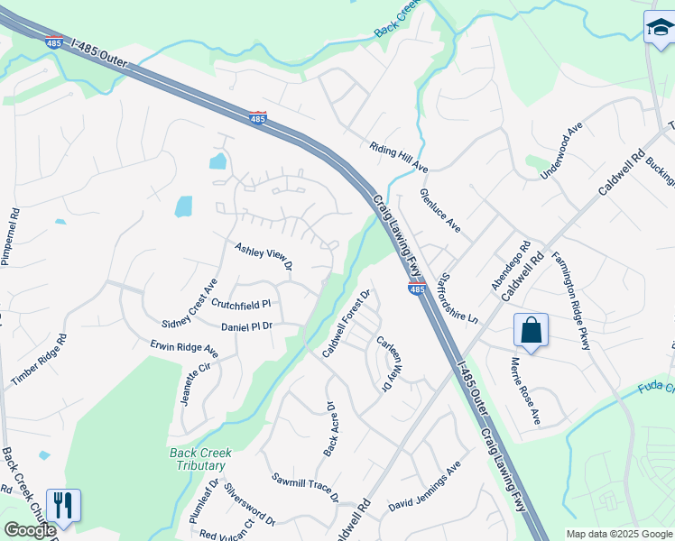 map of restaurants, bars, coffee shops, grocery stores, and more near 3473 Caldwell Ridge Parkway in Charlotte