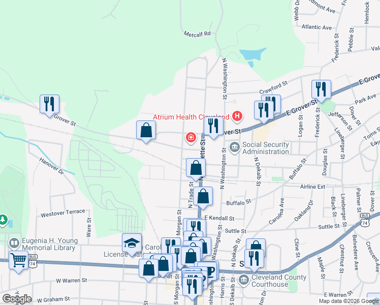 map of restaurants, bars, coffee shops, grocery stores, and more near 618 North Morgan Street in Shelby
