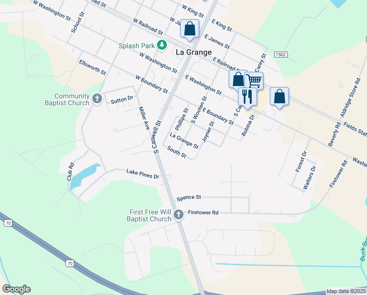 map of restaurants, bars, coffee shops, grocery stores, and more near 505 South Wooten Street in La Grange