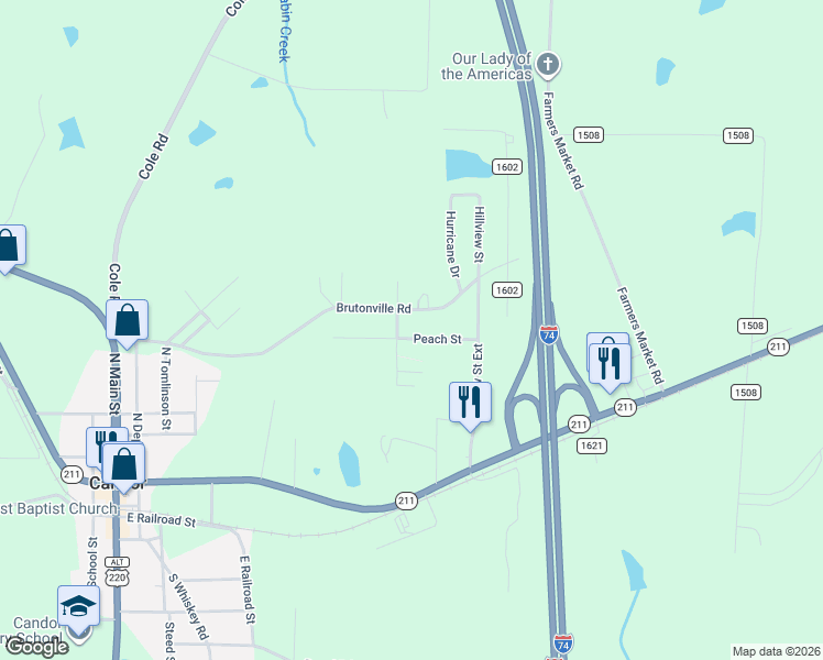 map of restaurants, bars, coffee shops, grocery stores, and more near 135 Peach Street in Candor