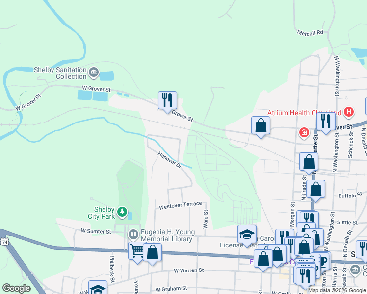 map of restaurants, bars, coffee shops, grocery stores, and more near 613 Kingsbury Street in Shelby